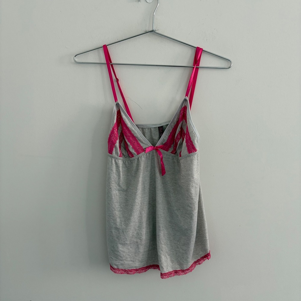 Black Fuchsia by Secret Lace Gray Pink Lace Trim Cami Top Large